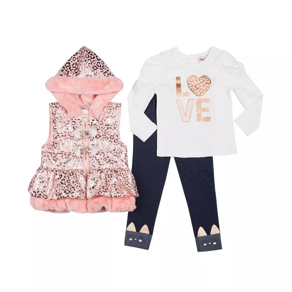 Baby Girls Metallic Puffer Vest, Long Sleeve Tee, & Leggings 3-Piece Set, 24M - Picture 2 of 8